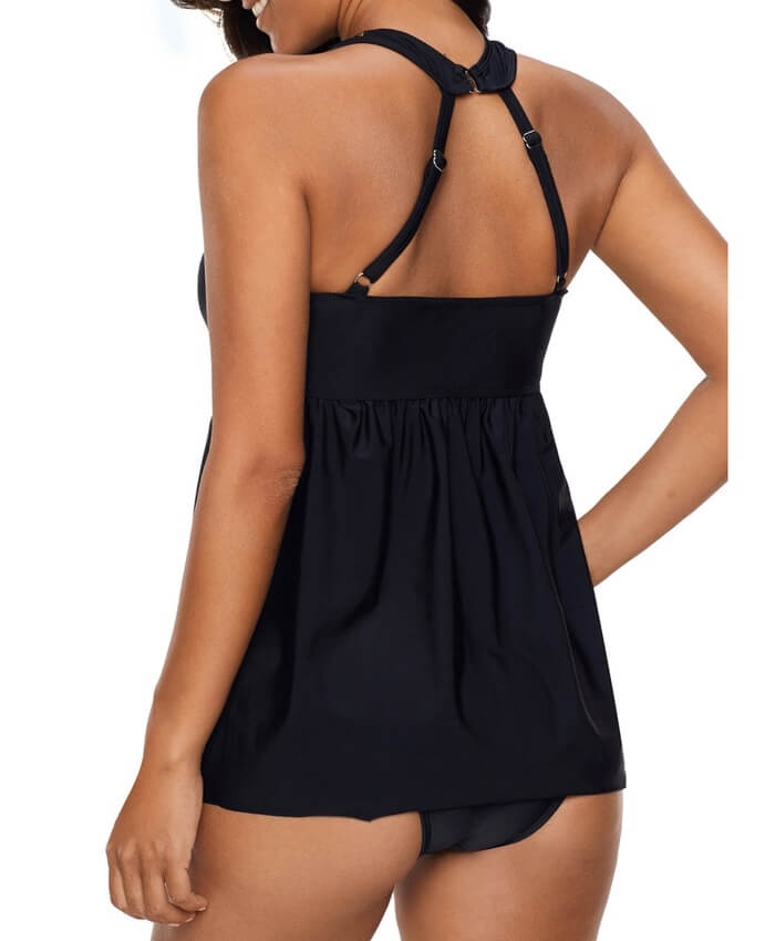 Black H Back Cutout Neck Swimdress and Panty